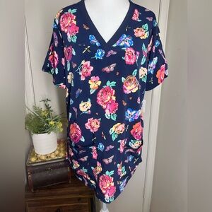 Betsey Johnson Navy Floral V-Neck Blouse women size medium
